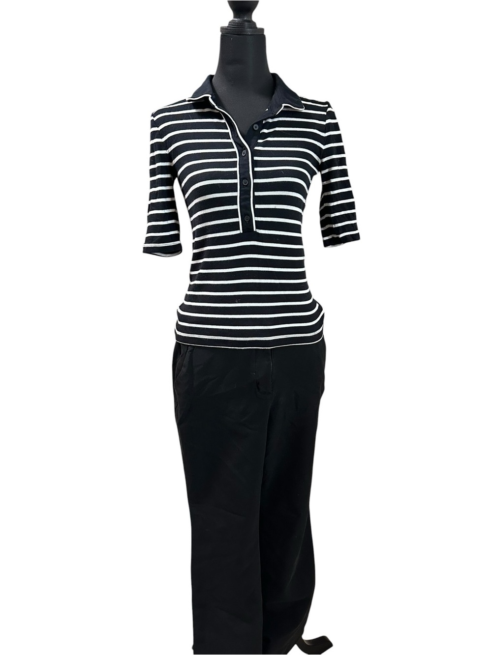 LOFT Black & White Striped Polo Knit Top